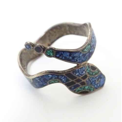 536 - A Mexican silver ring formed as a snake with enamel decoration . Stamped inside MEXICO 925 TR-60. Ri... 