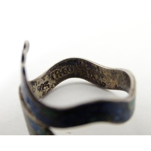 536 - A Mexican silver ring formed as a snake with enamel decoration . Stamped inside MEXICO 925 TR-60. Ri... 