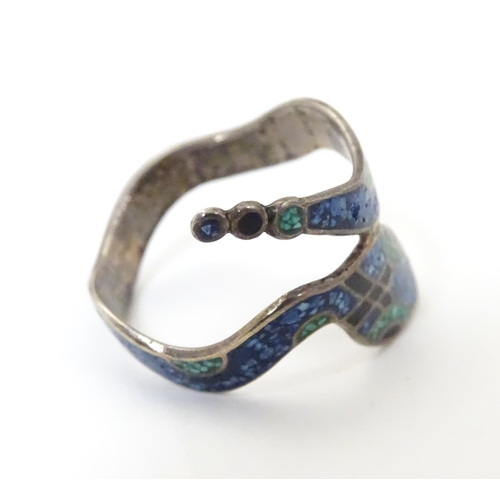 536 - A Mexican silver ring formed as a snake with enamel decoration . Stamped inside MEXICO 925 TR-60. Ri... 