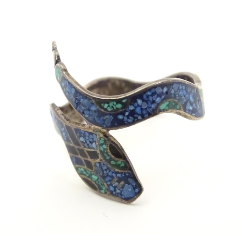 536 - A Mexican silver ring formed as a snake with enamel decoration . Stamped inside MEXICO 925 TR-60. Ri... 