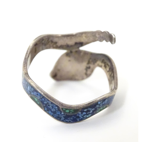 536 - A Mexican silver ring formed as a snake with enamel decoration . Stamped inside MEXICO 925 TR-60. Ri... 