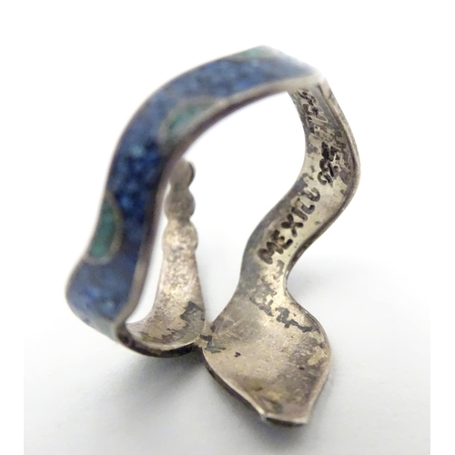 536 - A Mexican silver ring formed as a snake with enamel decoration . Stamped inside MEXICO 925 TR-60. Ri... 