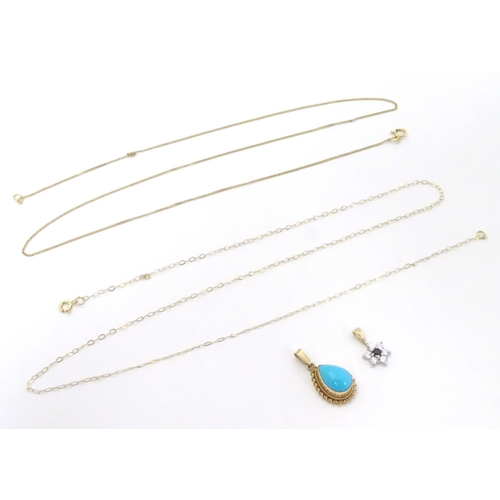 558 - A 9ct gold pendant and chain, the pendant set with turquoise cabochon, together with a 9ct gold chai... 