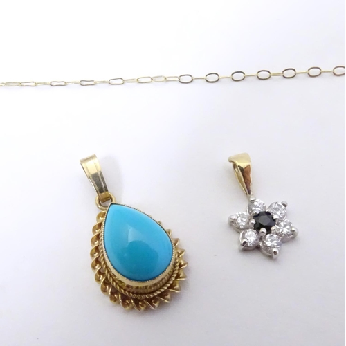 558 - A 9ct gold pendant and chain, the pendant set with turquoise cabochon, together with a 9ct gold chai... 