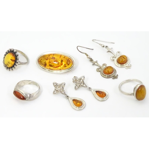 575 - Assorted silver and white metal jewellery set with amber coloured cabochons etc