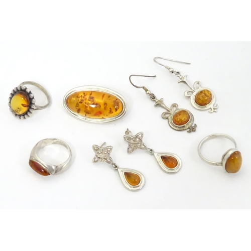 575 - Assorted silver and white metal jewellery set with amber coloured cabochons etc