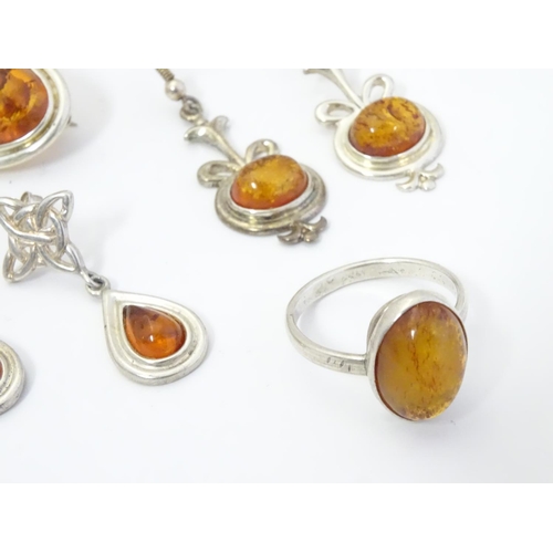 575 - Assorted silver and white metal jewellery set with amber coloured cabochons etc