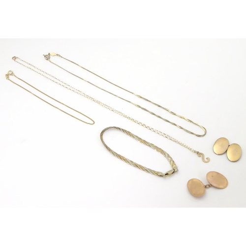 585 - Assorted silver, gold and gilt metal jewellery including a silver gilt bracelet, A 9ct gold chain br... 