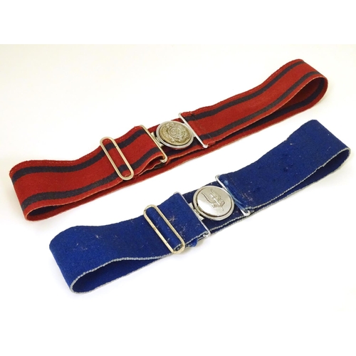 661 - Militaria: two mid to late 20thC British Army dress uniform belts, each with regimental coloured clo... 