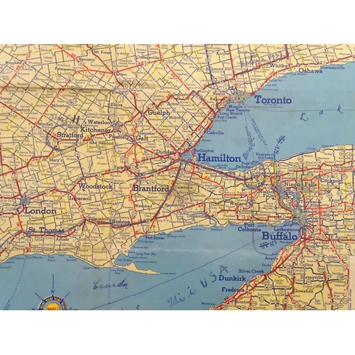 1353 - Vintage cars, motoring: an early to mid 20thC Shell map of Ontario, the reverse with maps of Western... 