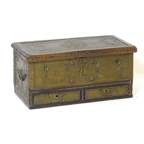 1374A - A 19thC Omani mule chest / dowry chest with metal bracket work decoration and applied studded detail... 