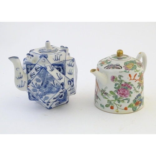 34 - Two Chinese teapots comprising a blue and white example with a geometric body decorated with stylise... 