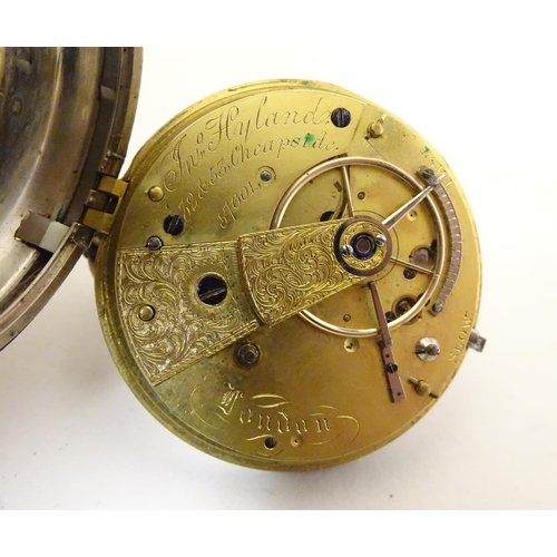 962 - A Victorian silver pocket watch with enamel dial signed Jno Hyland, 32 & 53 Cheapside London, and en... 