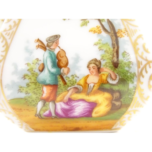 93 - A Continental teapot of small proportions, with panelled decoration depicting couples in landscapes,... 