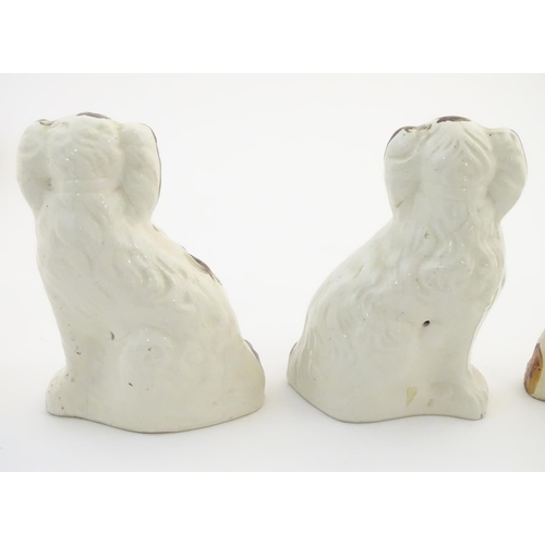 62A - A pair of Staffordshire pottery seated spaniels, together with another smaller example. Largest appr... 