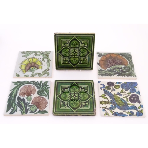 84 - Six ceramic tiles, to include floral and foliate examples by Kenneth Clark Ceramics, and two Minton ... 