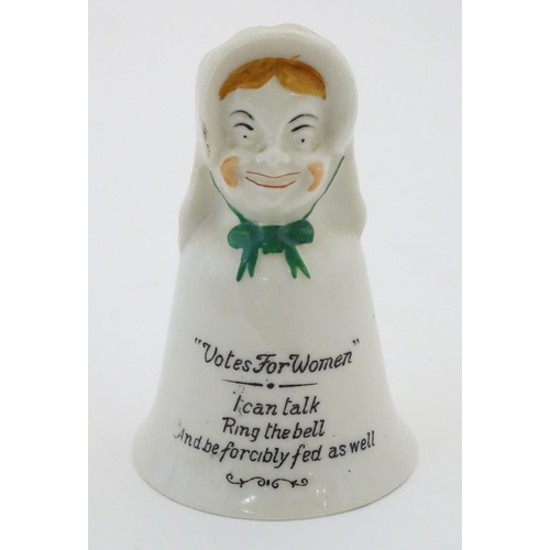 91 - A Victoria China J. R. & Co. suffragette twin sided crested bell, one side with the face of a young ... 