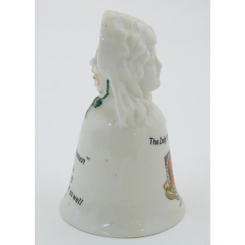 91 - A Victoria China J. R. & Co. suffragette twin sided crested bell, one side with the face of a young ... 