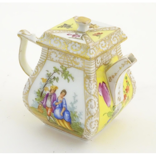 93 - A Continental teapot of small proportions, with panelled decoration depicting couples in landscapes,... 