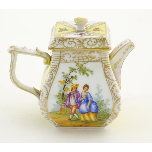 93 - A Continental teapot of small proportions, with panelled decoration depicting couples in landscapes,... 