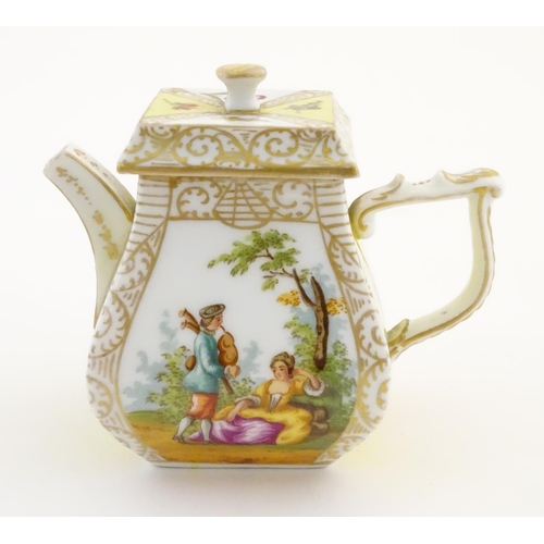 93 - A Continental teapot of small proportions, with panelled decoration depicting couples in landscapes,... 