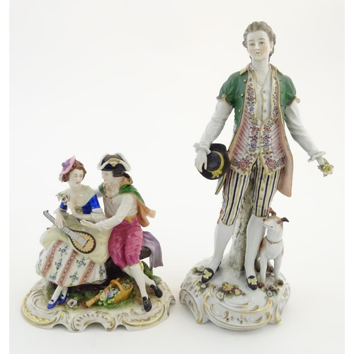 97 - Two German porcelain figures, a model of a young man holding a hat and flower with a dog beside him,... 