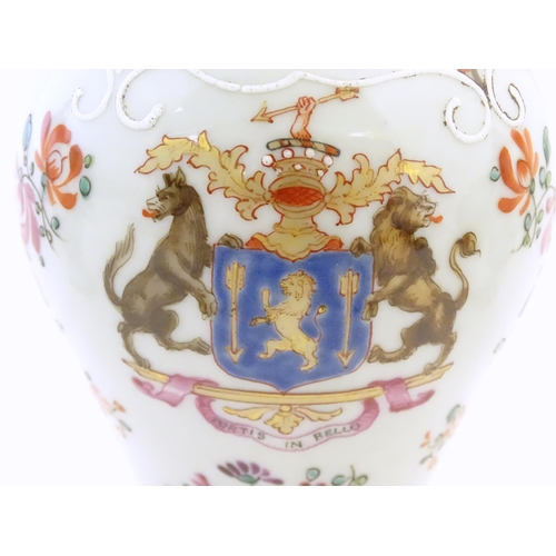 115 - Six Continental vases with hand painted armorial detail, comprising two bud vases, three small balus... 