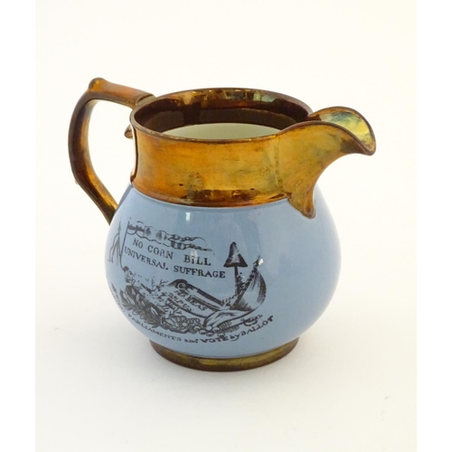 137 - A 19thC jug commemorating Peterloo, the bulbous body with a blue glaze decorated with a portrait of ... 