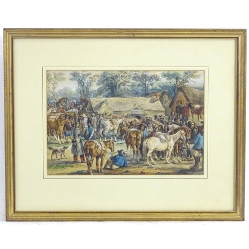 2424 - 19th century, Continental School, Watercolour, The Horse Fair, A busy village scene with figures and... 