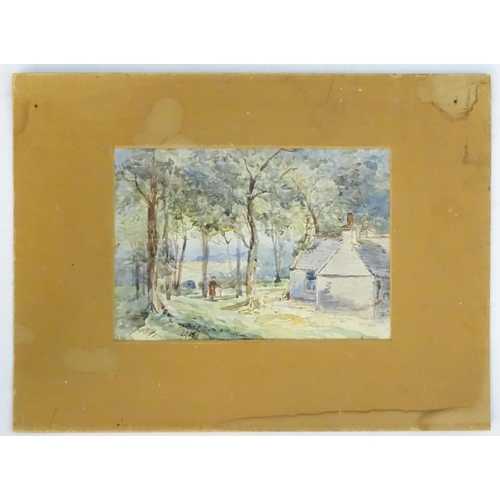 2436 - English School, 20th century, Watercolour, A woman and child walking in a woodland near a cottage, I... 