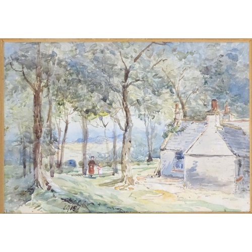 2436 - English School, 20th century, Watercolour, A woman and child walking in a woodland near a cottage, I... 