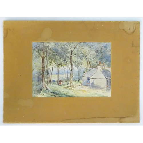 2436 - English School, 20th century, Watercolour, A woman and child walking in a woodland near a cottage, I... 