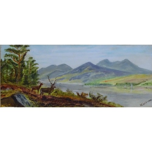 2439 - W. Love, Early 20th century, Scottish School, Oil on card, a pair, Deer in a highland landscape & ca... 