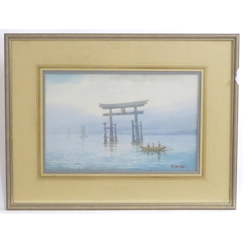 2455 - Y. Wada, Early 20th century, Japanese School, Watercolour, Itsukushima Shrine, The floating gate wit... 