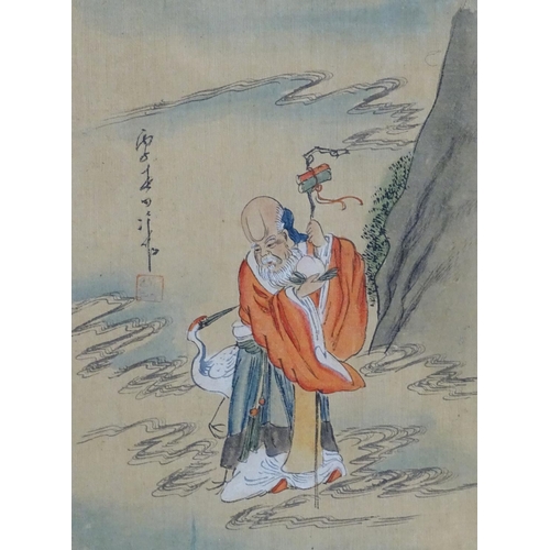 2456 - A pair of Chinese watercolours, one depicting an elder with scrolls in a landscape with a crane, the... 