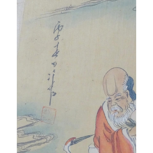 2456 - A pair of Chinese watercolours, one depicting an elder with scrolls in a landscape with a crane, the... 