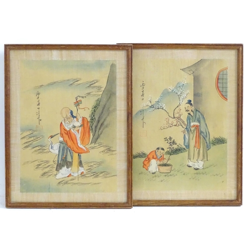 2456 - A pair of Chinese watercolours, one depicting an elder with scrolls in a landscape with a crane, the... 