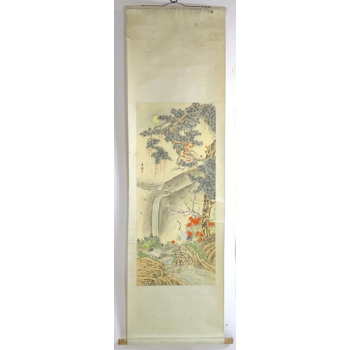 2457 - An Oriental watercolour scroll depicting a mountainous landscape scene with a waterfall, river, exot... 