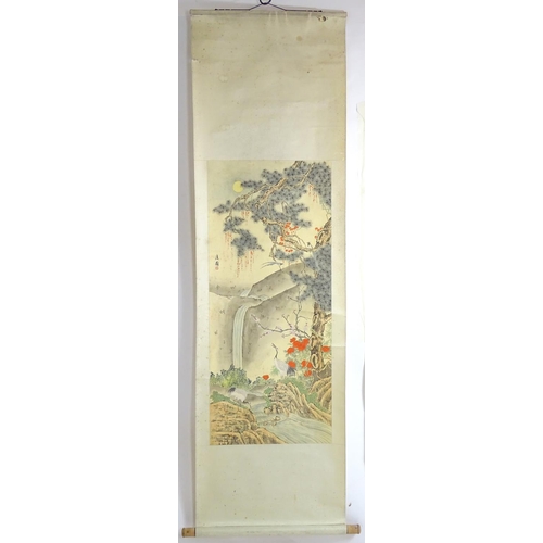 2457 - An Oriental watercolour scroll depicting a mountainous landscape scene with a waterfall, river, exot... 