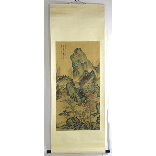 2458 - A large Chinese watercolour scroll depicting a mountainous landscape scene with waterfalls, forests,... 