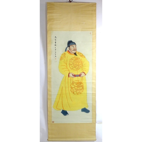 2459 - A large Chinese watercolour scroll depicting a standing portrait of the Emperor Taizong Tang, wearin... 