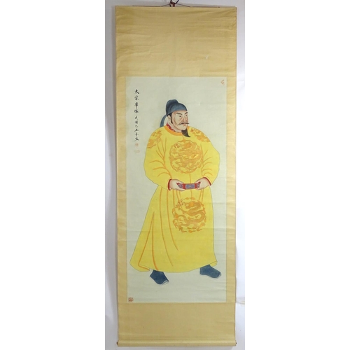 2459 - A large Chinese watercolour scroll depicting a standing portrait of the Emperor Taizong Tang, wearin... 