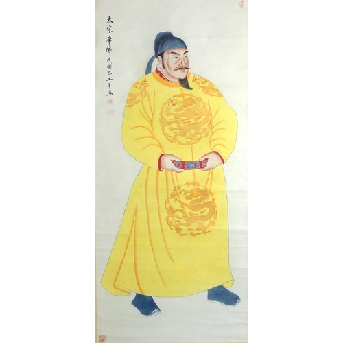 2459 - A large Chinese watercolour scroll depicting a standing portrait of the Emperor Taizong Tang, wearin... 