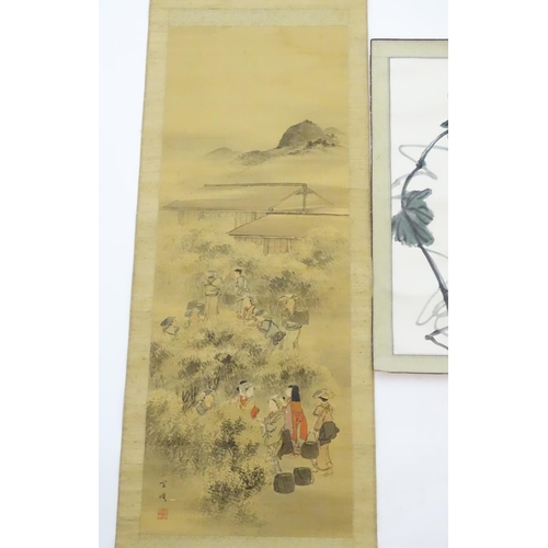 2461 - An Oriental watercolour scroll depicting a landscape scene with women with baskets harvesting. Chara... 