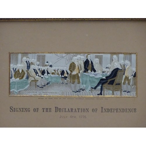 2497 - A pair of framed silk historical American stevengraphs comprising Landing of Columbus Oct 13th 1492 ... 