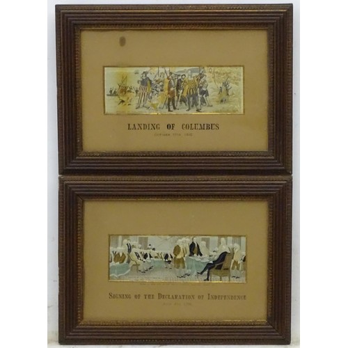 2497 - A pair of framed silk historical American stevengraphs comprising Landing of Columbus Oct 13th 1492 ... 