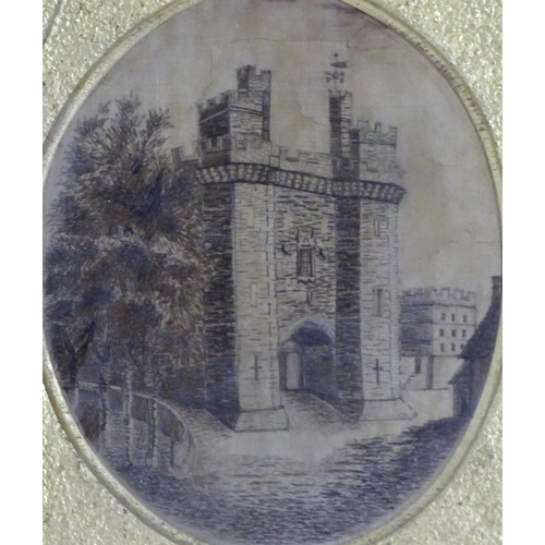 2527 - A 19thC embroidery on silk depicting a view of Lancaster Castle. Oval approx. 7