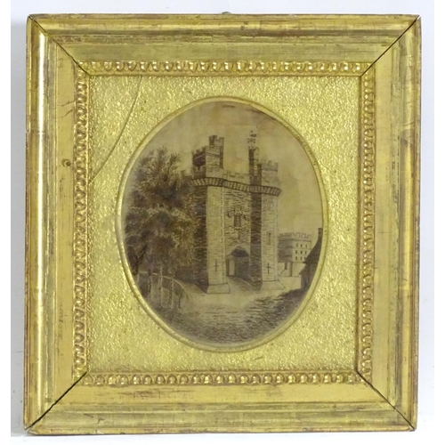 2527 - A 19thC embroidery on silk depicting a view of Lancaster Castle. Oval approx. 7