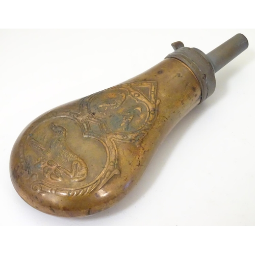 1028 - A 19thC copper and brass powder flask, decorated with gundog and gamebird motifs on both sides, 6 3/... 