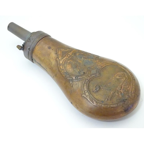 1028 - A 19thC copper and brass powder flask, decorated with gundog and gamebird motifs on both sides, 6 3/... 